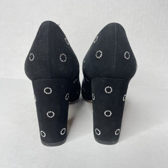 Black Suede Block Heel Pumps Size 6.5 | Retro Mod Polka Dot Party Shoes Sparkly - Picture 7 of 11